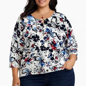 CJ Banks Floral Cardigan Sweater White Blue Red Button Front Size 
X 14W
